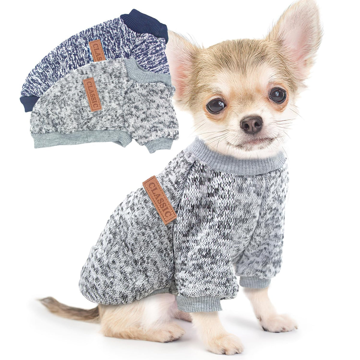 Two-piece dog sweaters in grey navy, front view, delivering cozy warmth for small dogs.