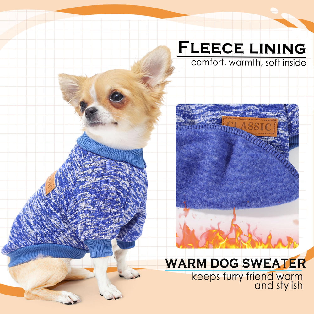 Small dog wearing xxs two-piece sweater shows easy slip-on design