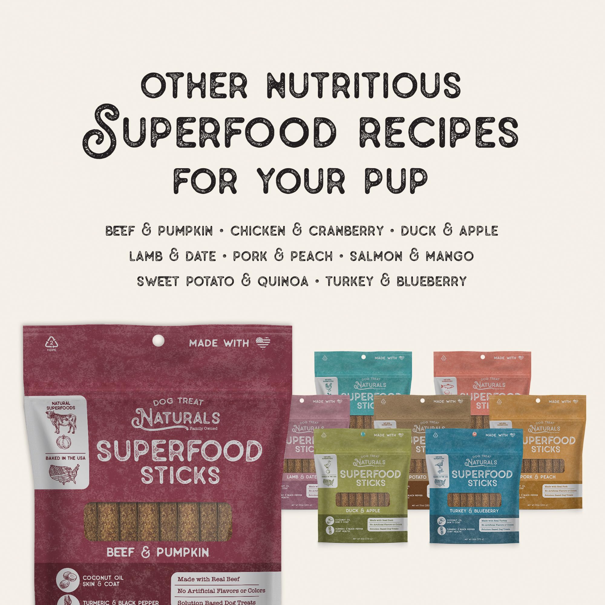 Dog Treat Naturals beef-pumpkin sticks recyclable bag supporting eco-friendly packaging.