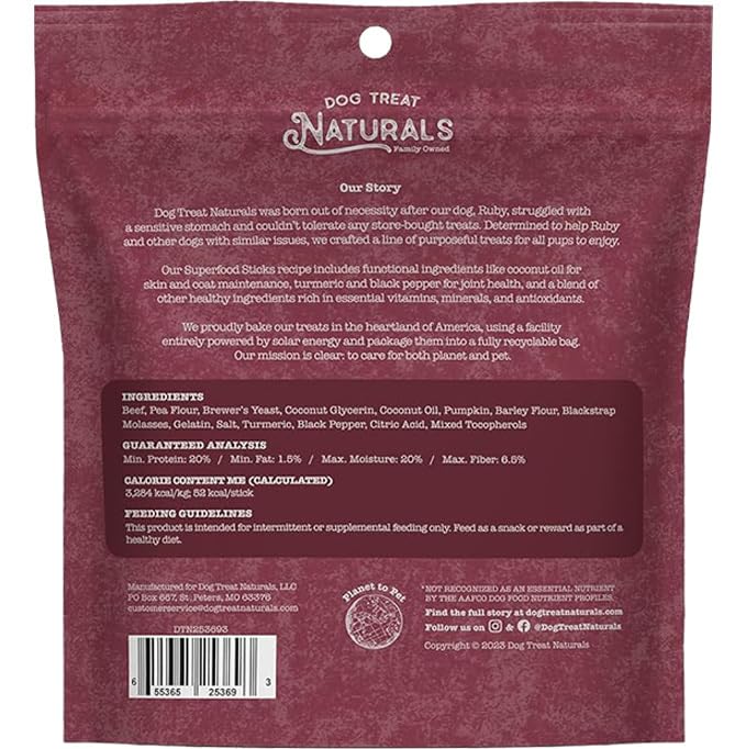 Dog Treat Naturals beef-pumpkin sticks USA-made label signaling safety and quality.
