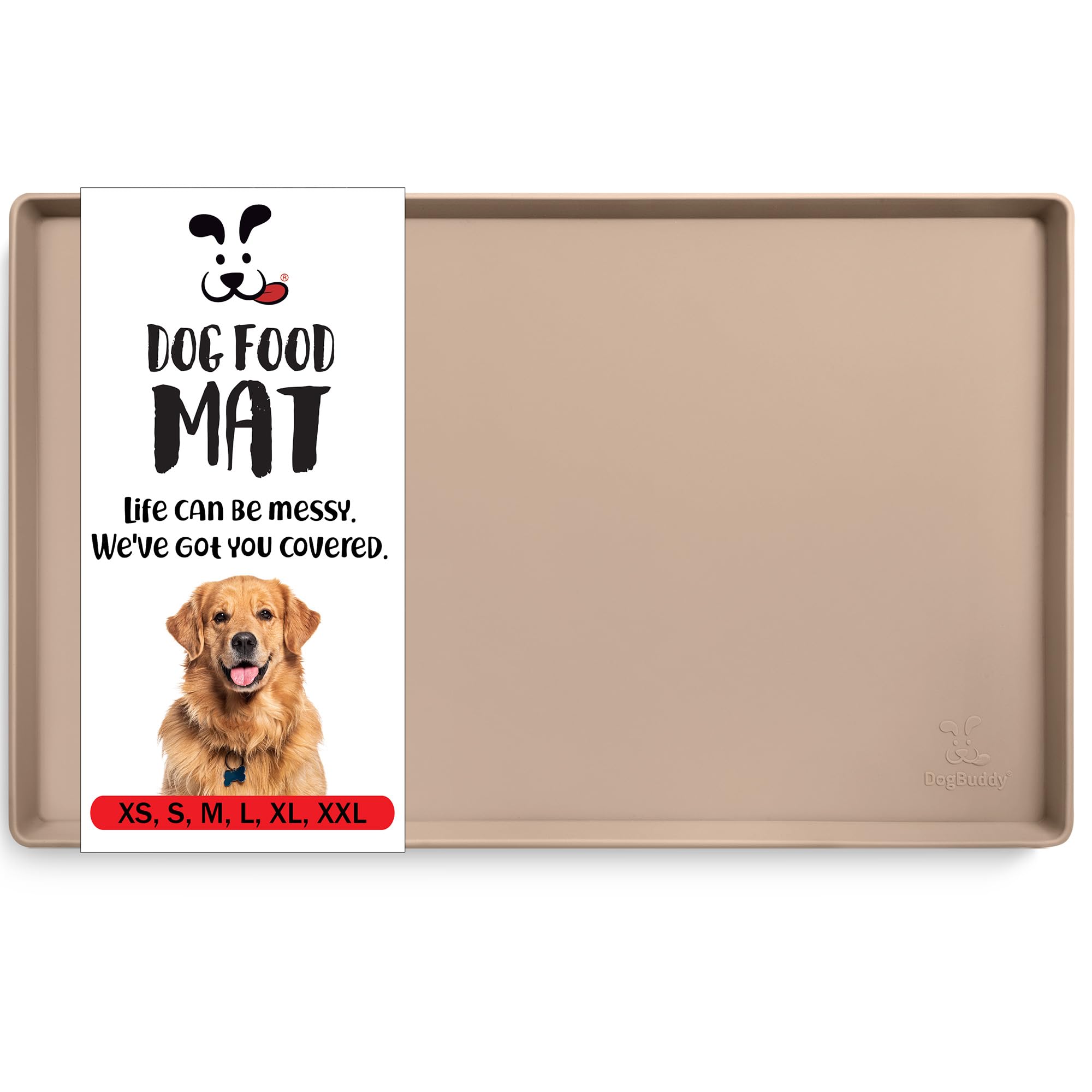 DogBuddy dog food mat full view shows waterproof protection under bowls.