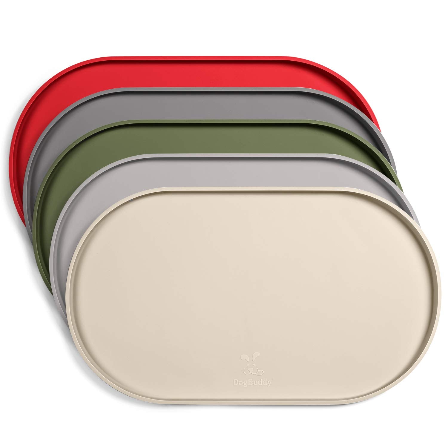 DogBuddy dog food mat highlighting edge lip for spill containment and floor protection.