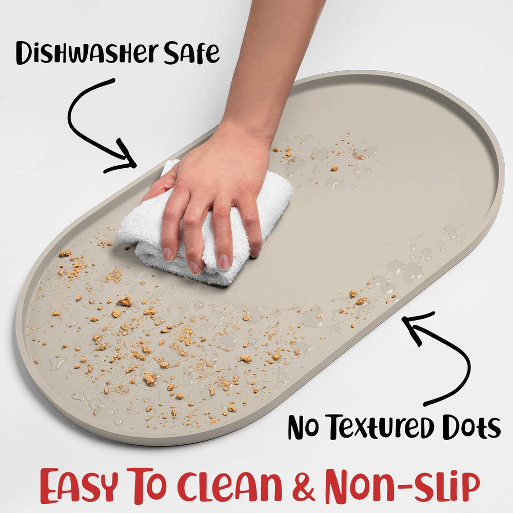 DogBuddy mat under bowls demonstrates versatile use for dogs and cats alike.