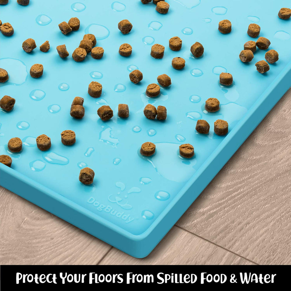 DogBuddy dog food mat roll-up storage makes cleanups and travel easier.