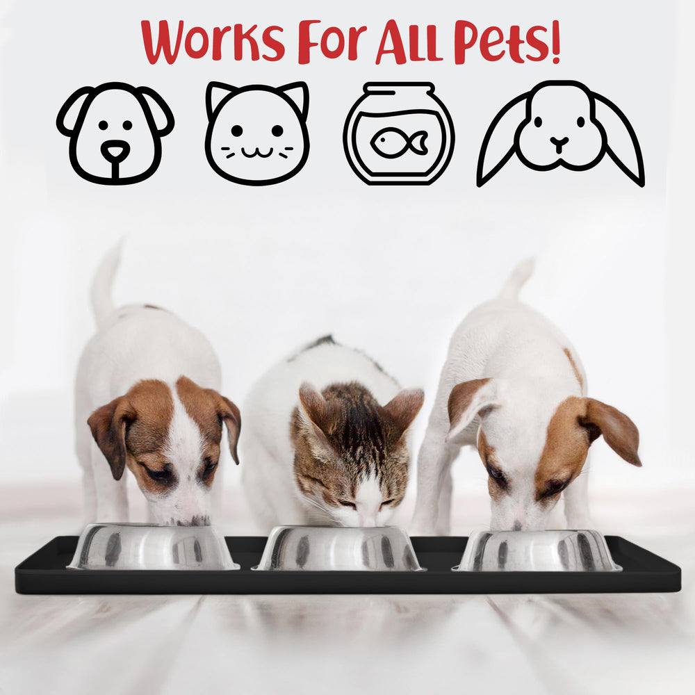 DogBuddy dog food mat under dog bowls illustrating mess reduction during feeding.