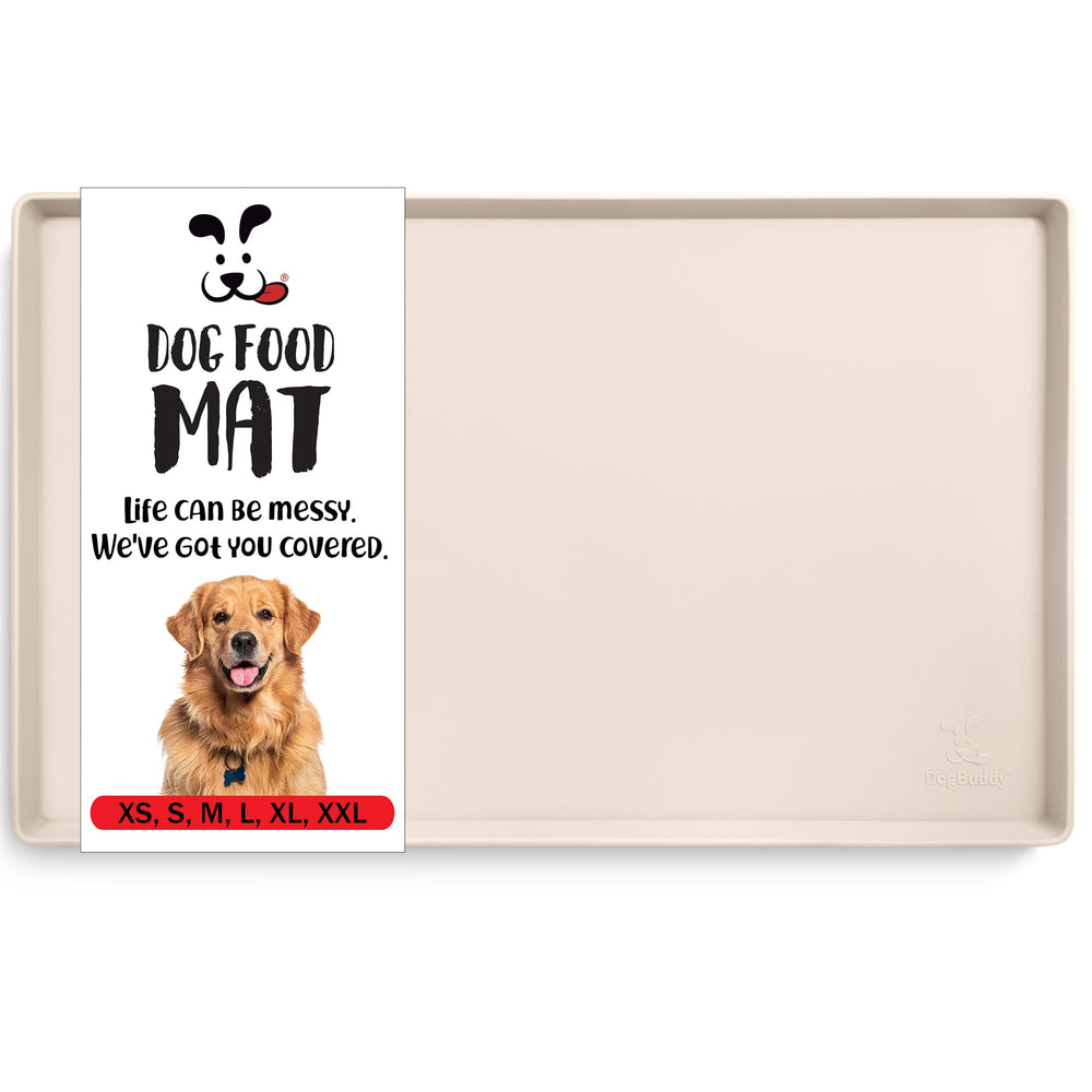 DogBuddy dog food mat vanilla with high edge containing spills under bowls.