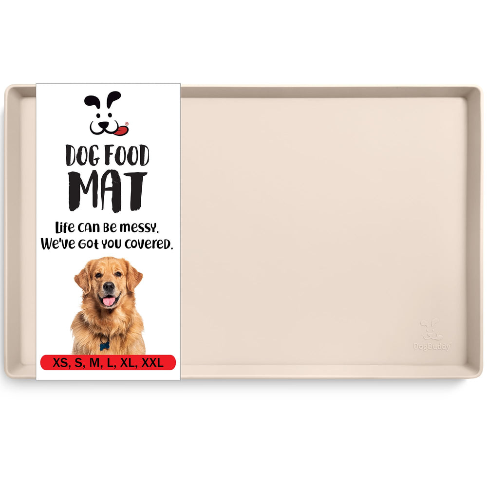 DogBuddy dog food mat wide view in vanilla showing ample space for large bowls and multiple pets.