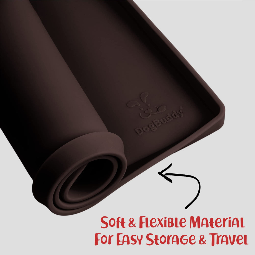DogBuddy easy-clean silicone mat wipes clean or dishwasher-safe.