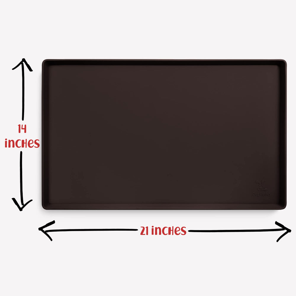 DogBuddy 21x14 mat fits most bowls and feeders for versatility.