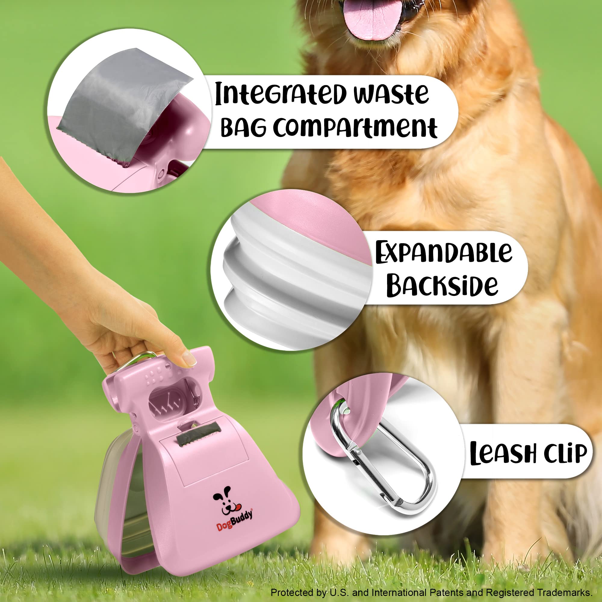 DogBuddy Pooper Scooper leash-clip keeps scooper accessible for hands-free cleanup.