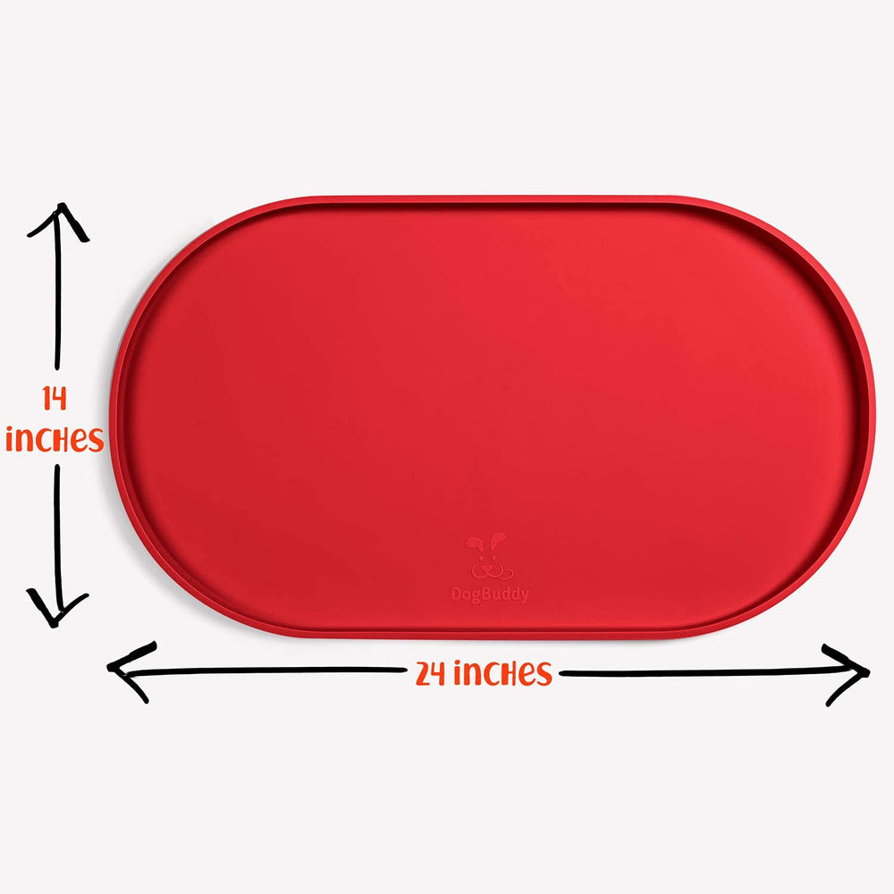 DogBuddy large red mat protects floors under bowls for multiple pets.