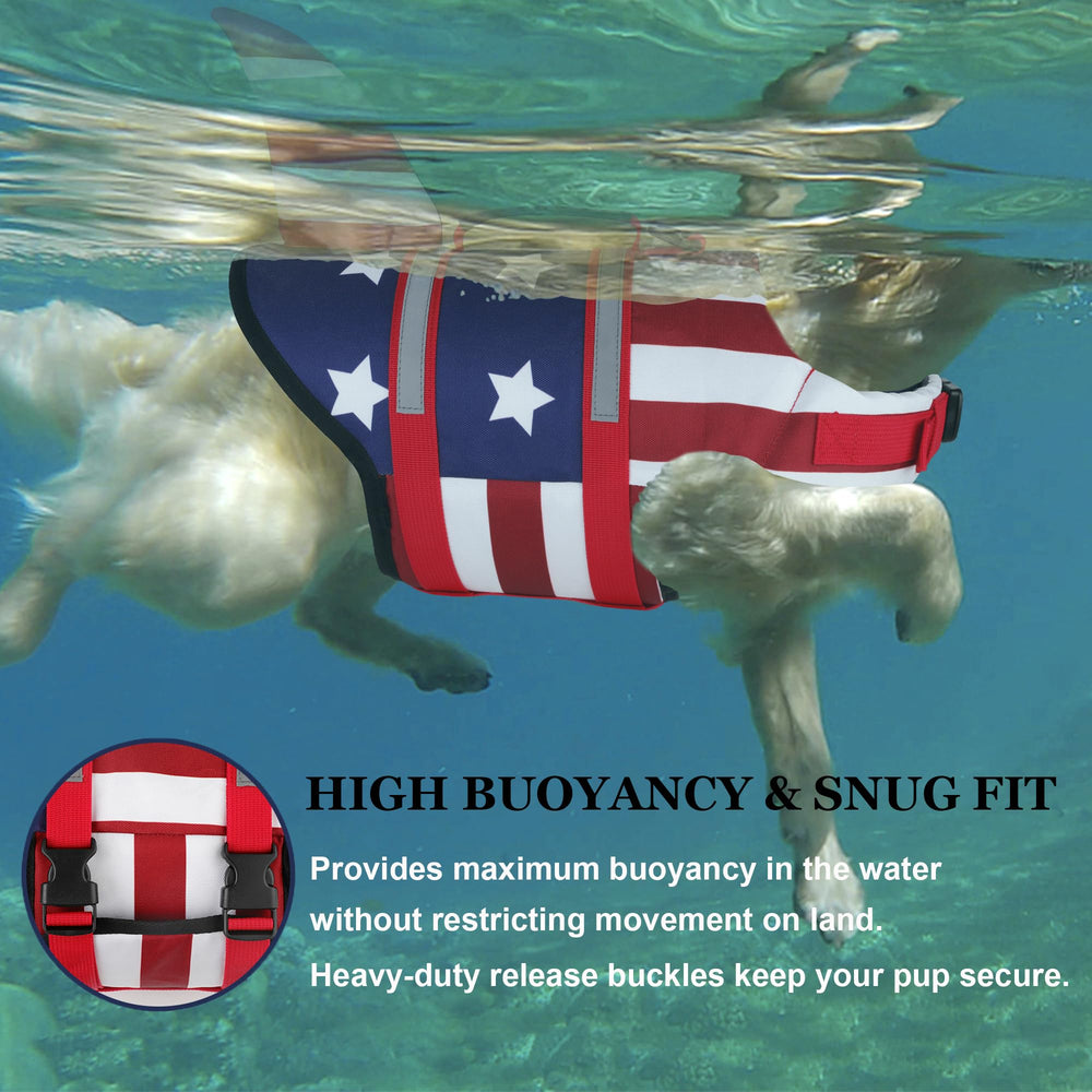 Dogcheer American Flag dog life vest side view with high visibility design.