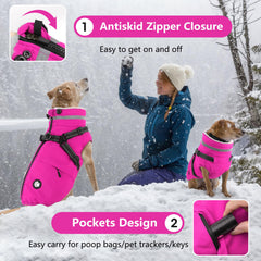Dogcheer back pockets on pink coat keep bags and keys within easy reach