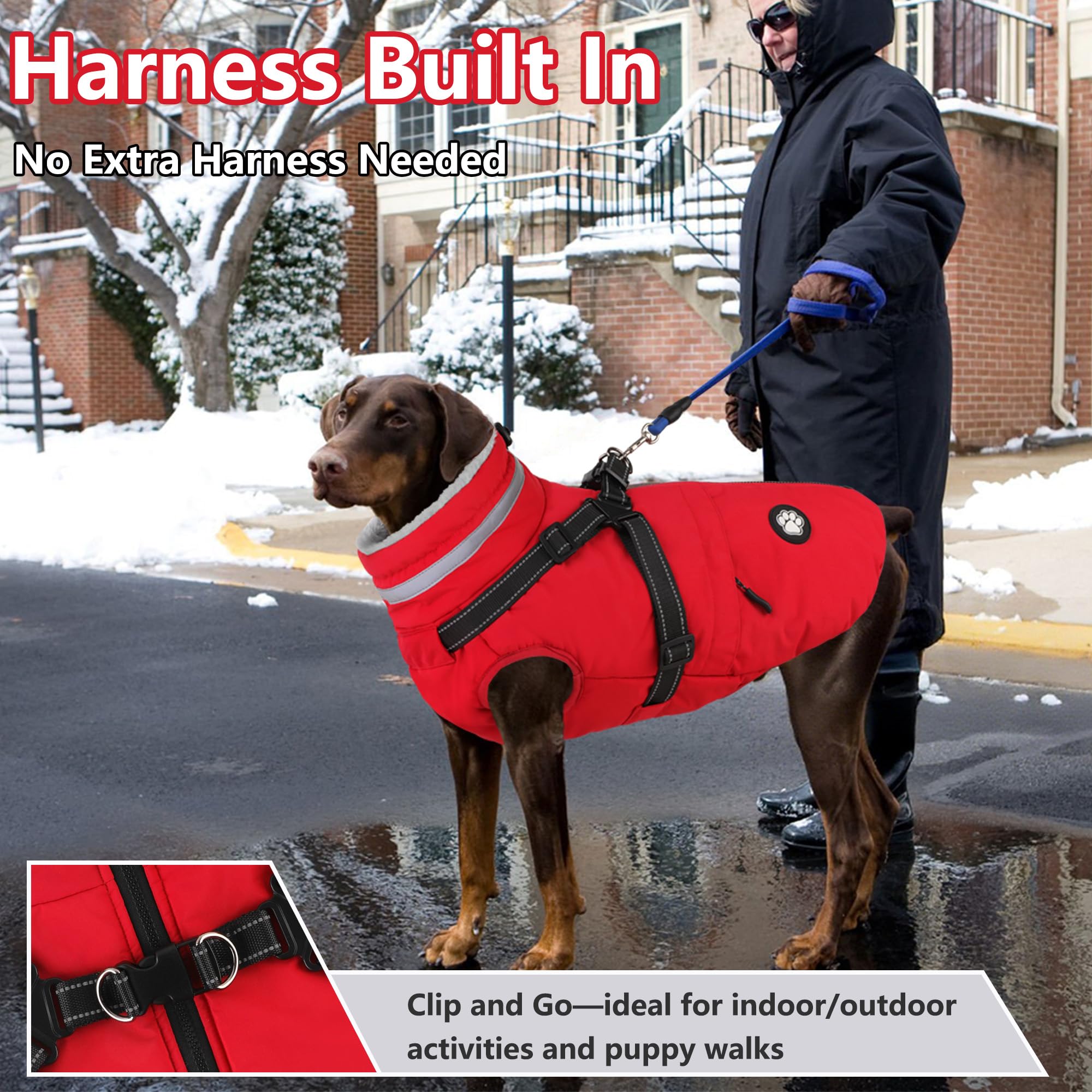 Dogcheer dog coat harness back view highlights leash attachment for active outings
