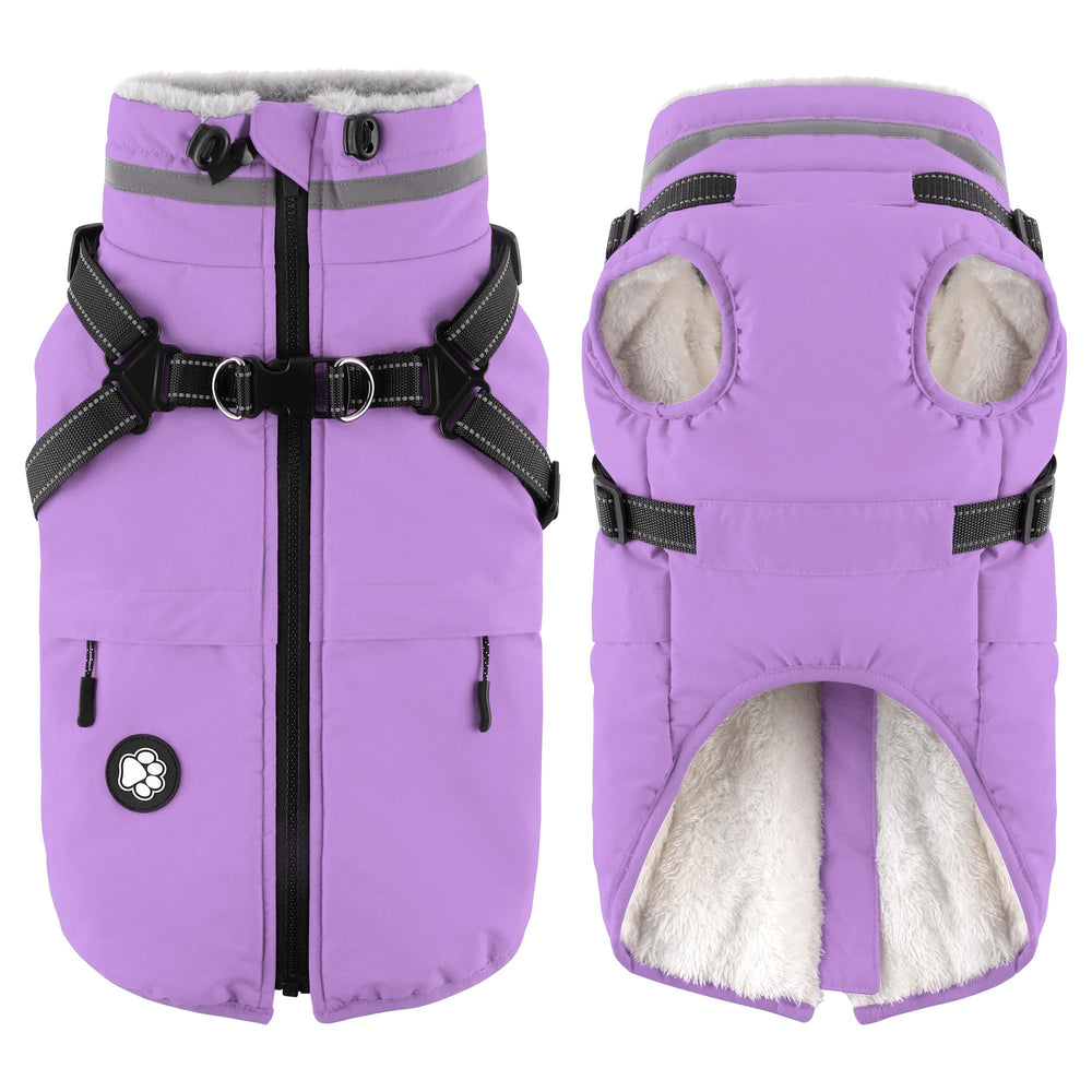 Dogcheer dog coat with harness front view shows weatherproof warmth for cold walks
