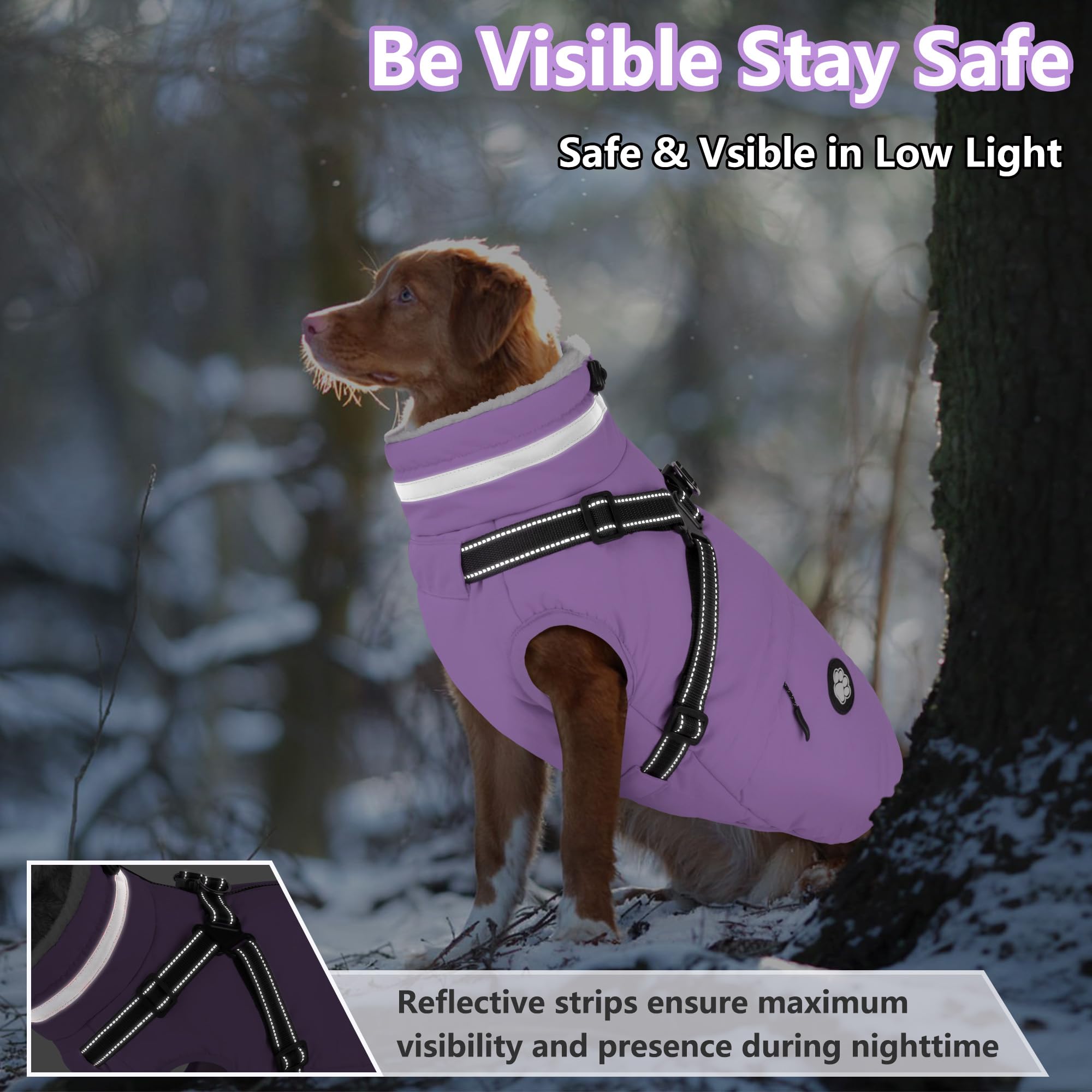 Dogcheer dog coat harness reflective strips emphasize low-light visibility during dusk
