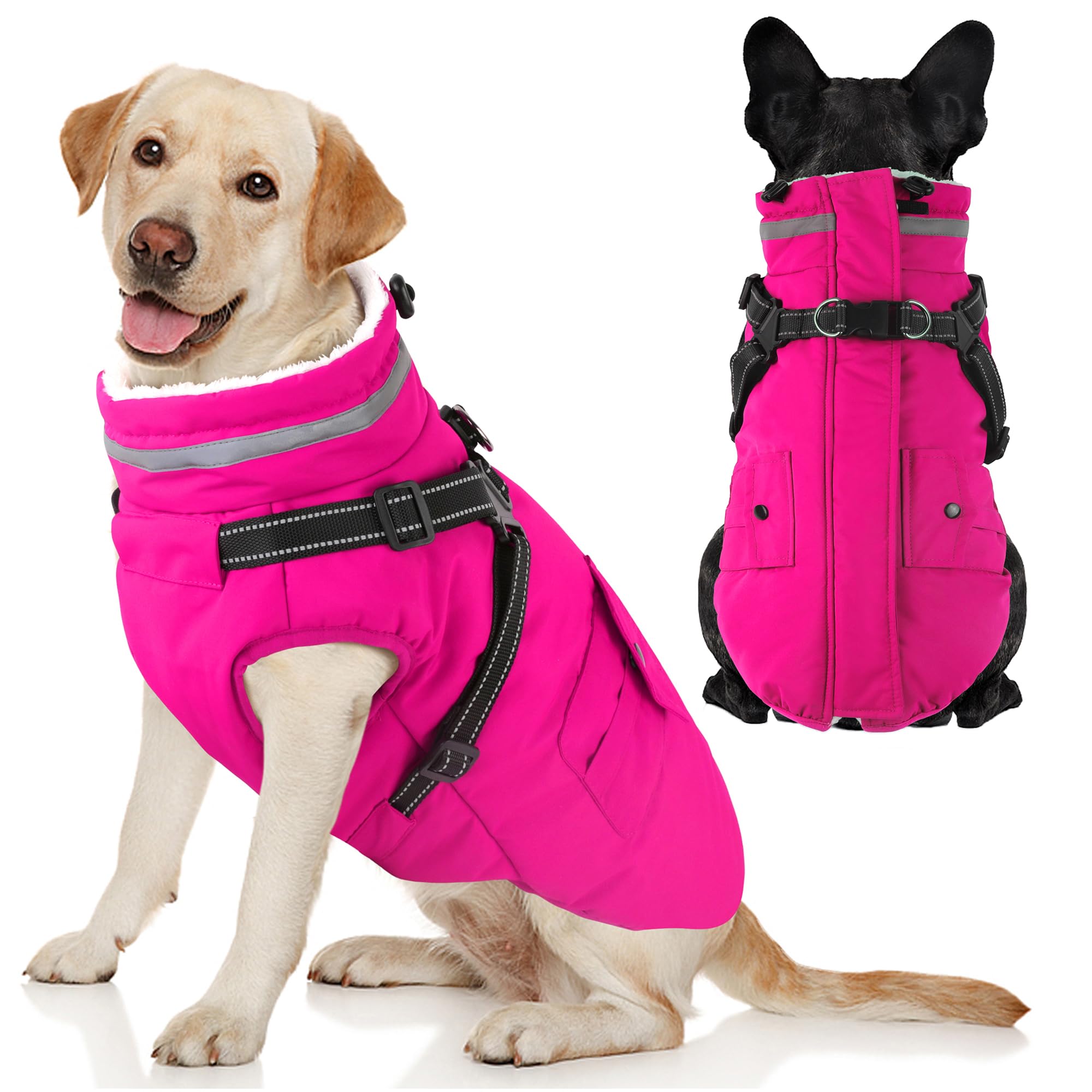 Dogcheer dog coat with harness pink front view shows secure leash connection.