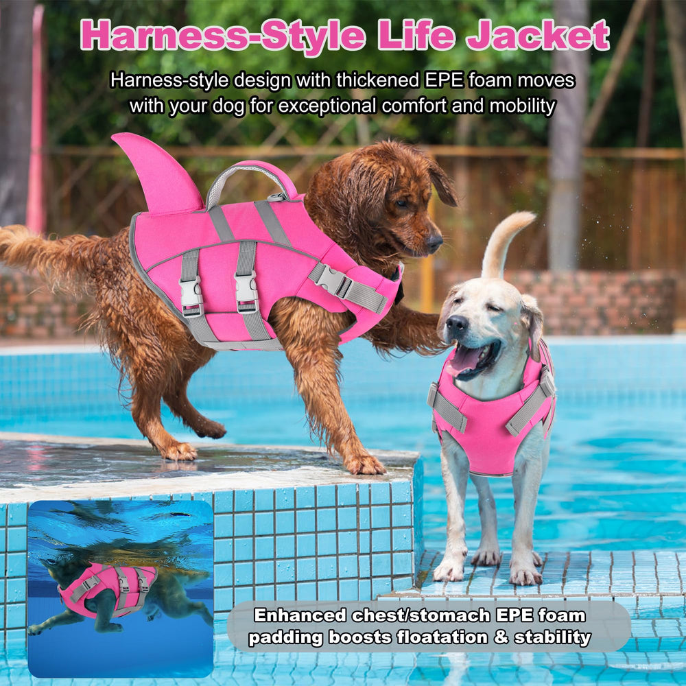 Dogcheer pink life jacket features a sturdy handle for easy water rescues.