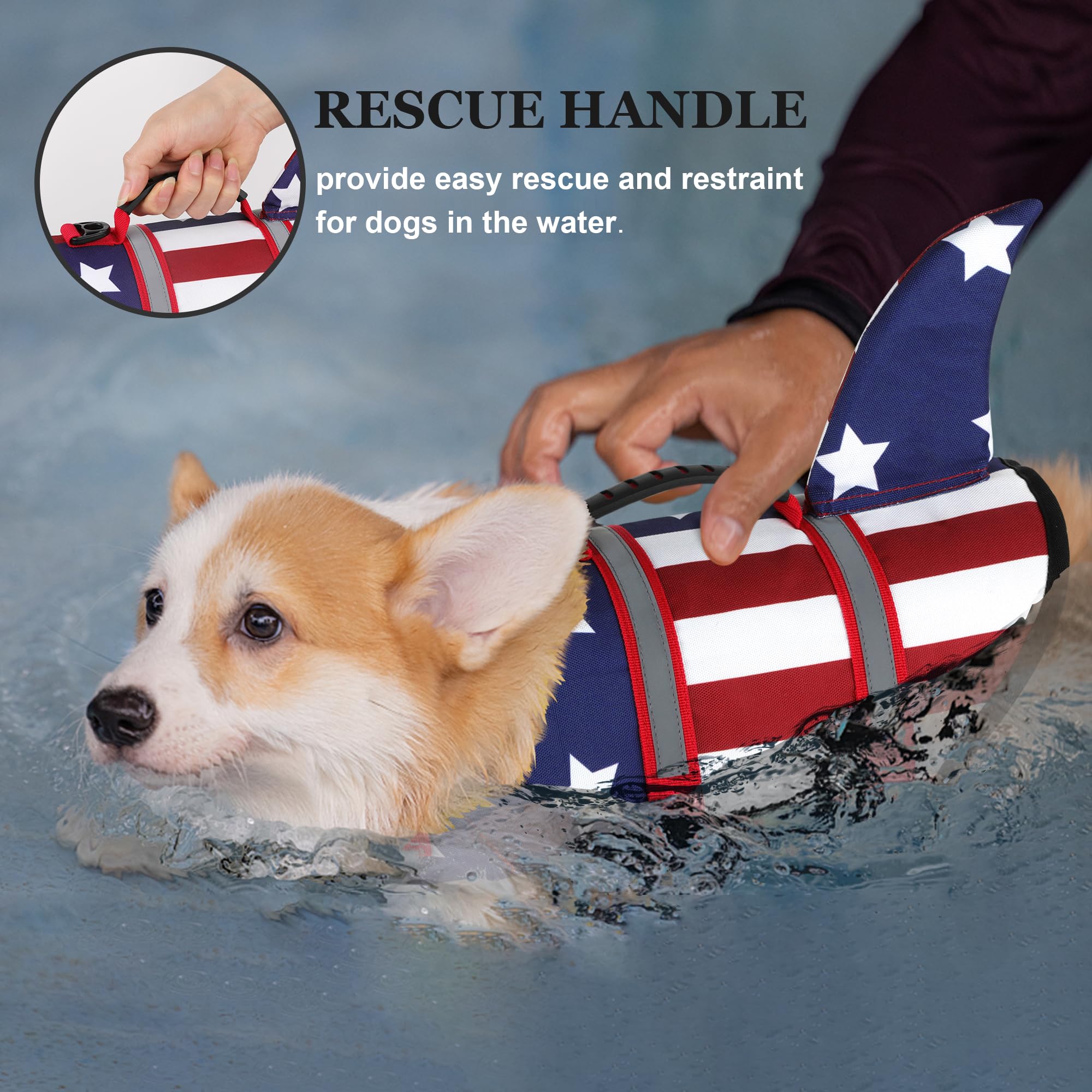 Dogcheer dog life jacket shark back view highlighting secure fit and shape.