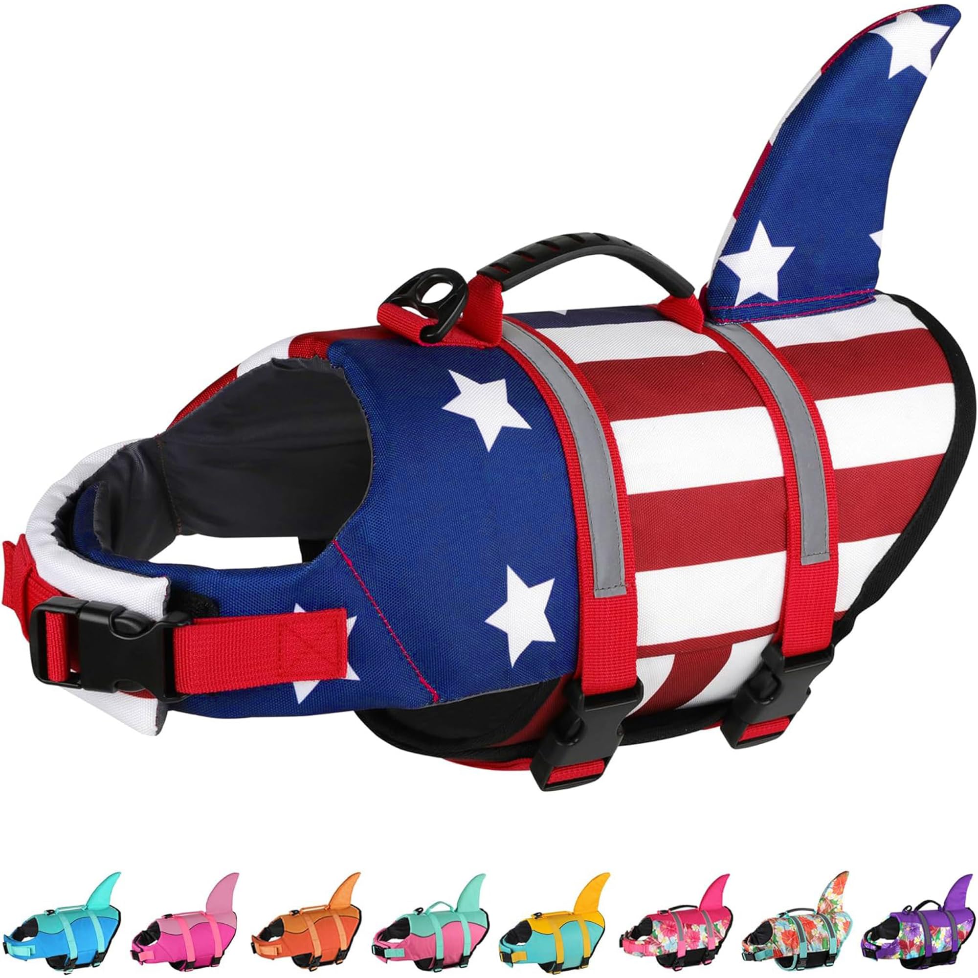 Dogcheer dog life jacket shark front view showing buoyant support for water play.