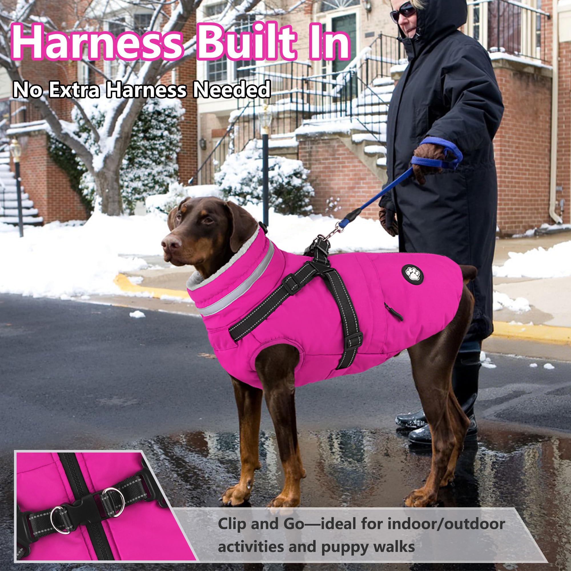 Dogcheer reflective strips on pink coat improve dusk visibility for safe city strolls