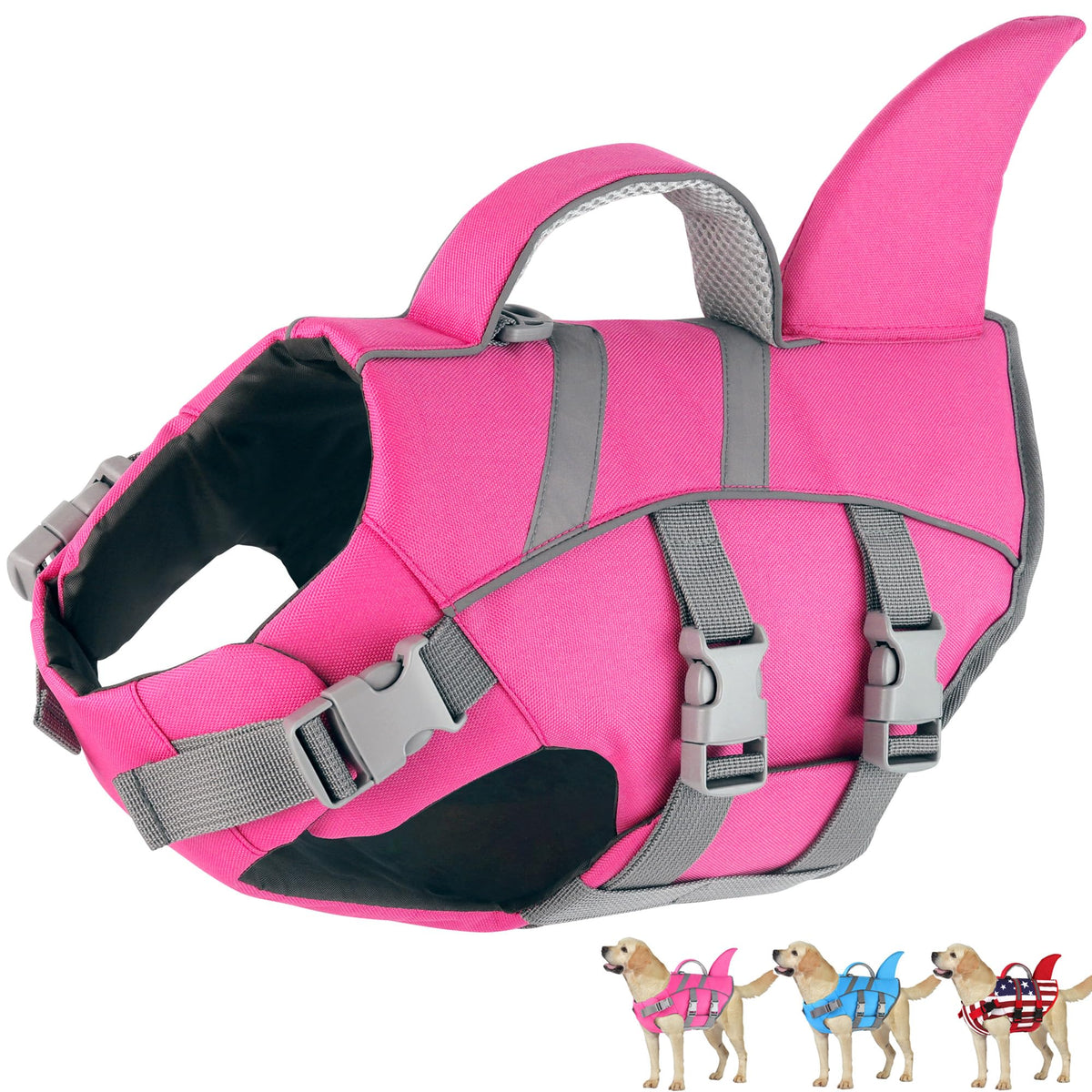 Dogcheer shark-fin dog life jacket pink enhances visibility during water play.