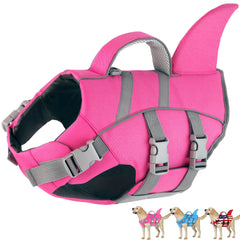 Dogcheer shark-fin dog life jacket pink enhances visibility during water play.