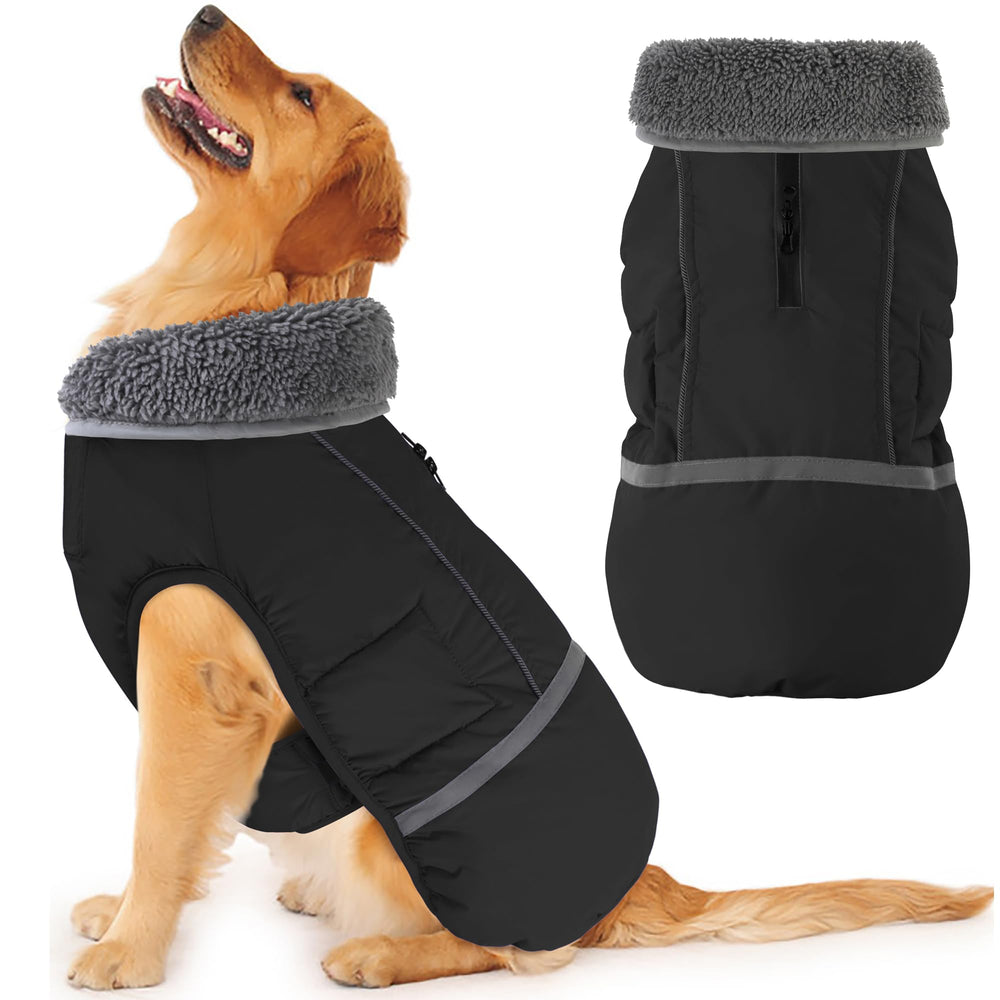 Dogcheer warm coat back view showing reflective safety for night walks.
