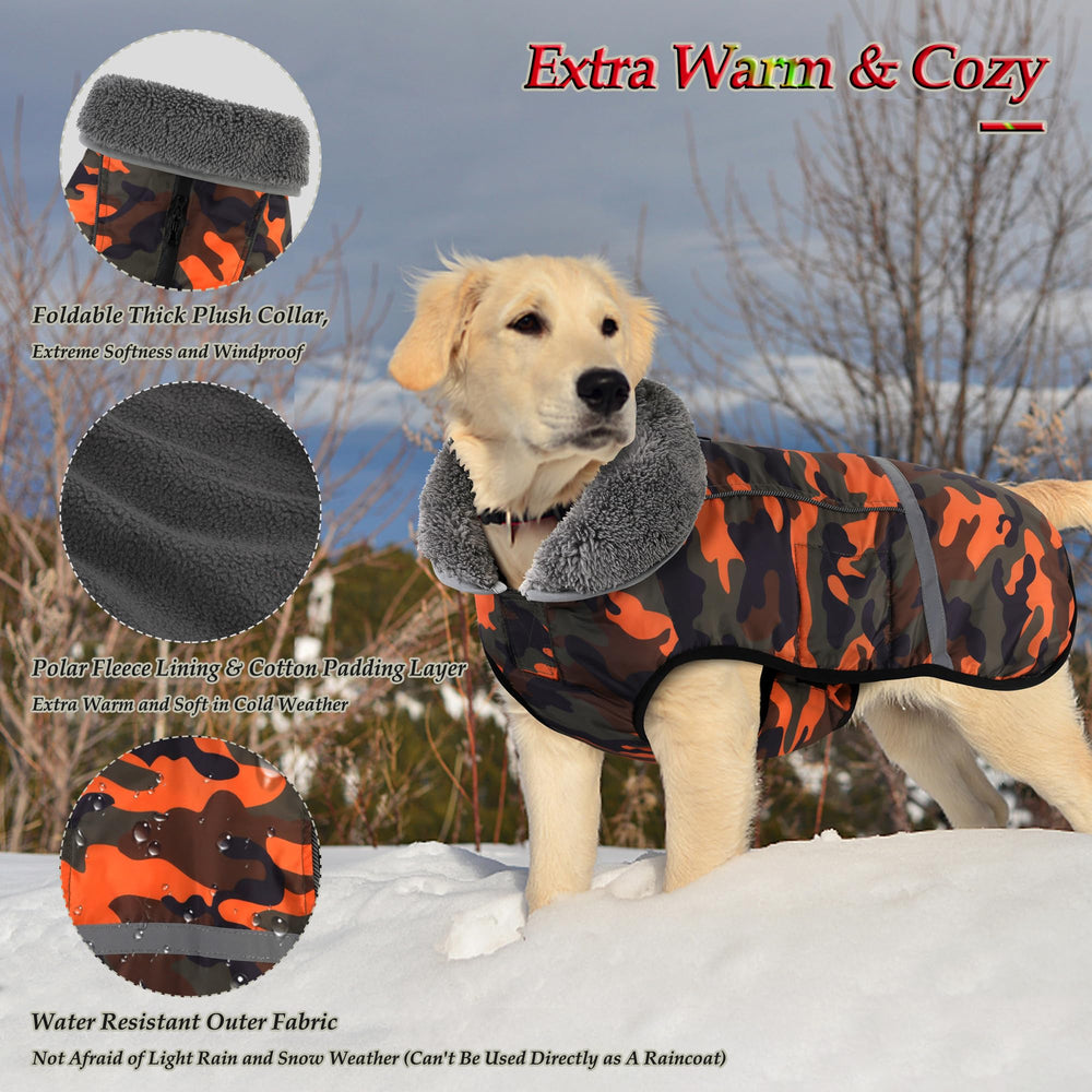 Dogcheer warm dog coat back view with reflective strips for night safety.