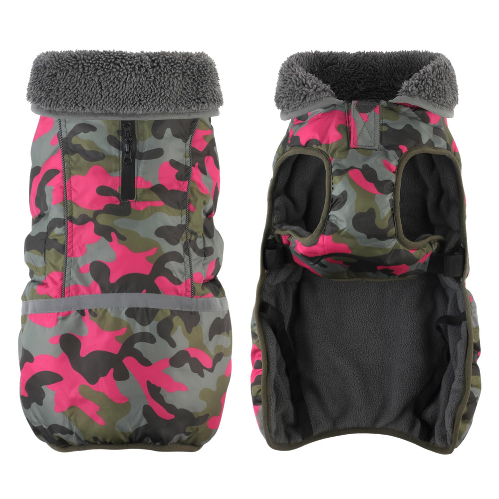 Dogcheer warm dog coat camo pink winter walk showcases stylish protection.