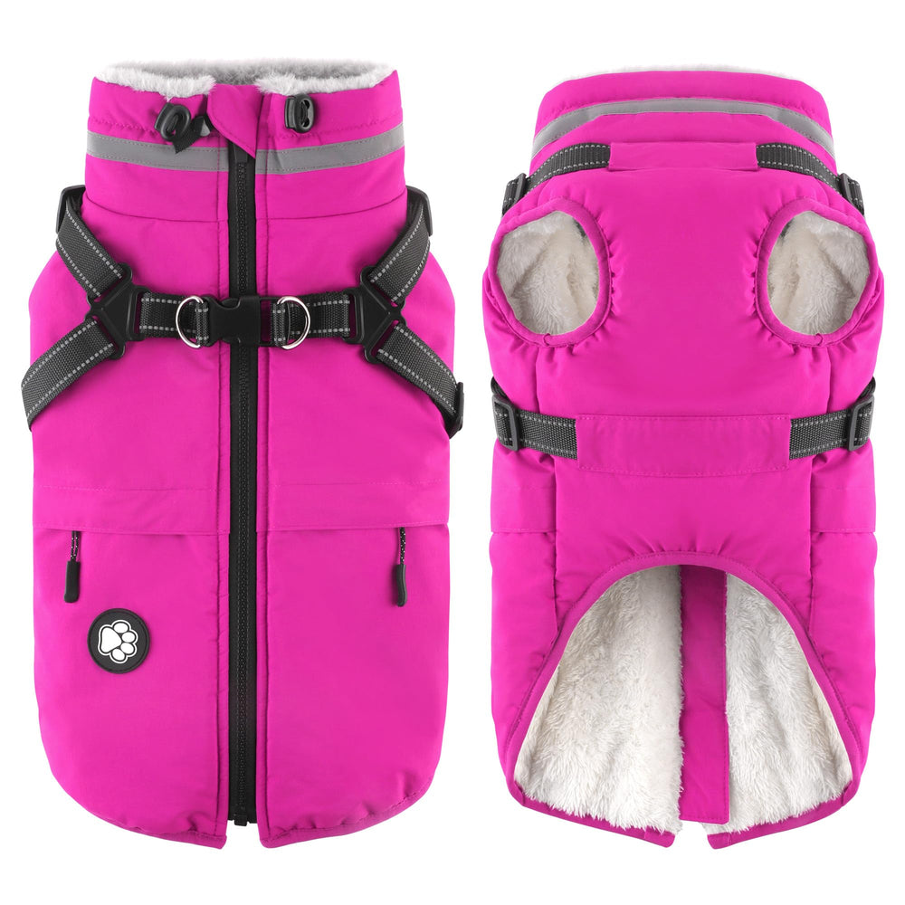 Dogcheer waterproof dog coat pink back view highlighting warmth and dry fur on snowy walks