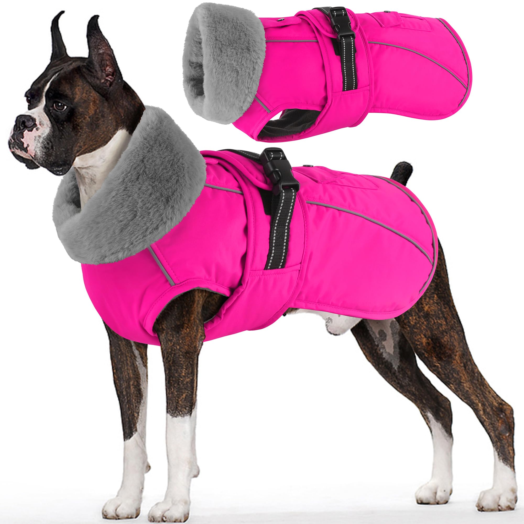 Dogcheer waterproof dog coat pocket pink 2XL for hands-free walks in wet weather