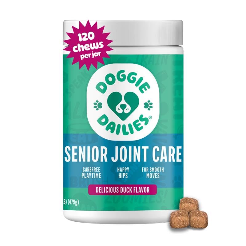 Doggie Dailies advanced senior hip joint chews bottle supporting aging dogs' mobility