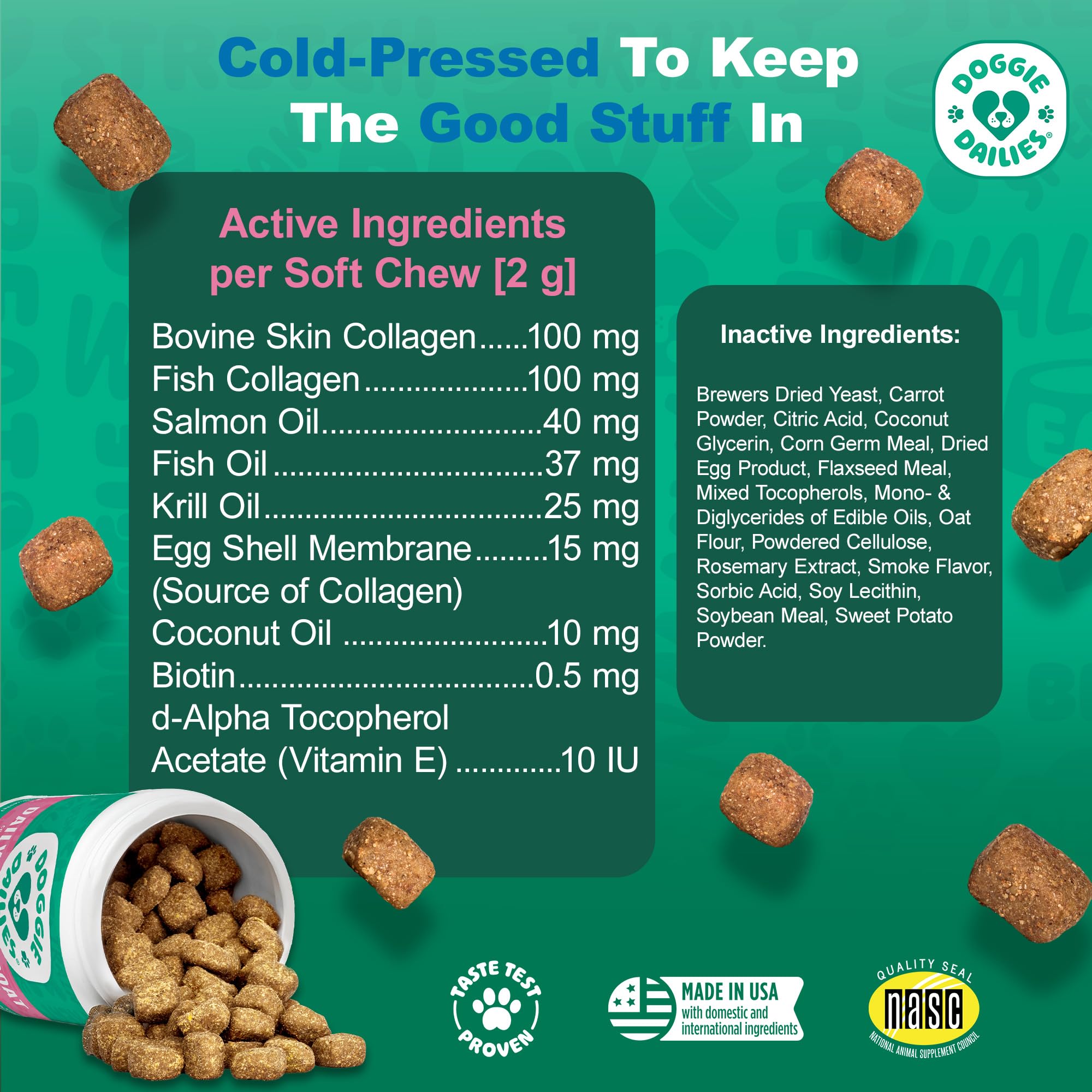 Doggie Dailies biotin and vitamin E closeup supports healthy skin and nails.
