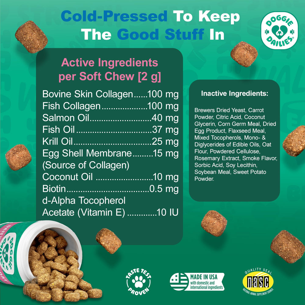 Doggie Dailies biotin and vitamin E closeup supports healthy skin and nails.