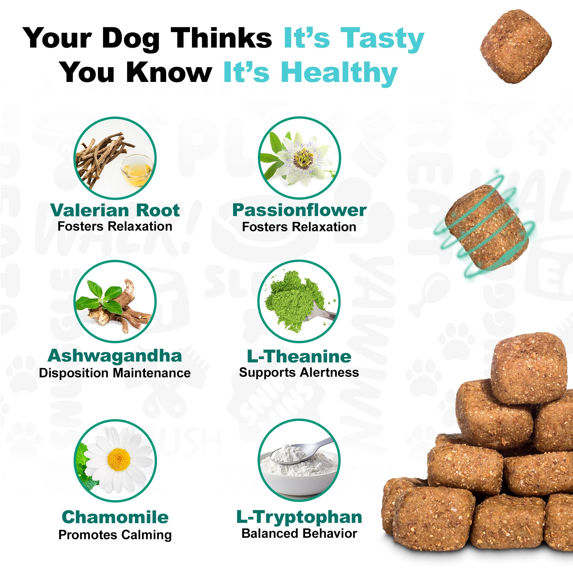 Doggie Dailies Calming Chews on a table with a relaxed puppy.