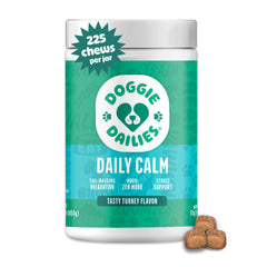 Doggie Dailies Calming Chews turkey flavor bottle helps your dog stay calm during storms.
