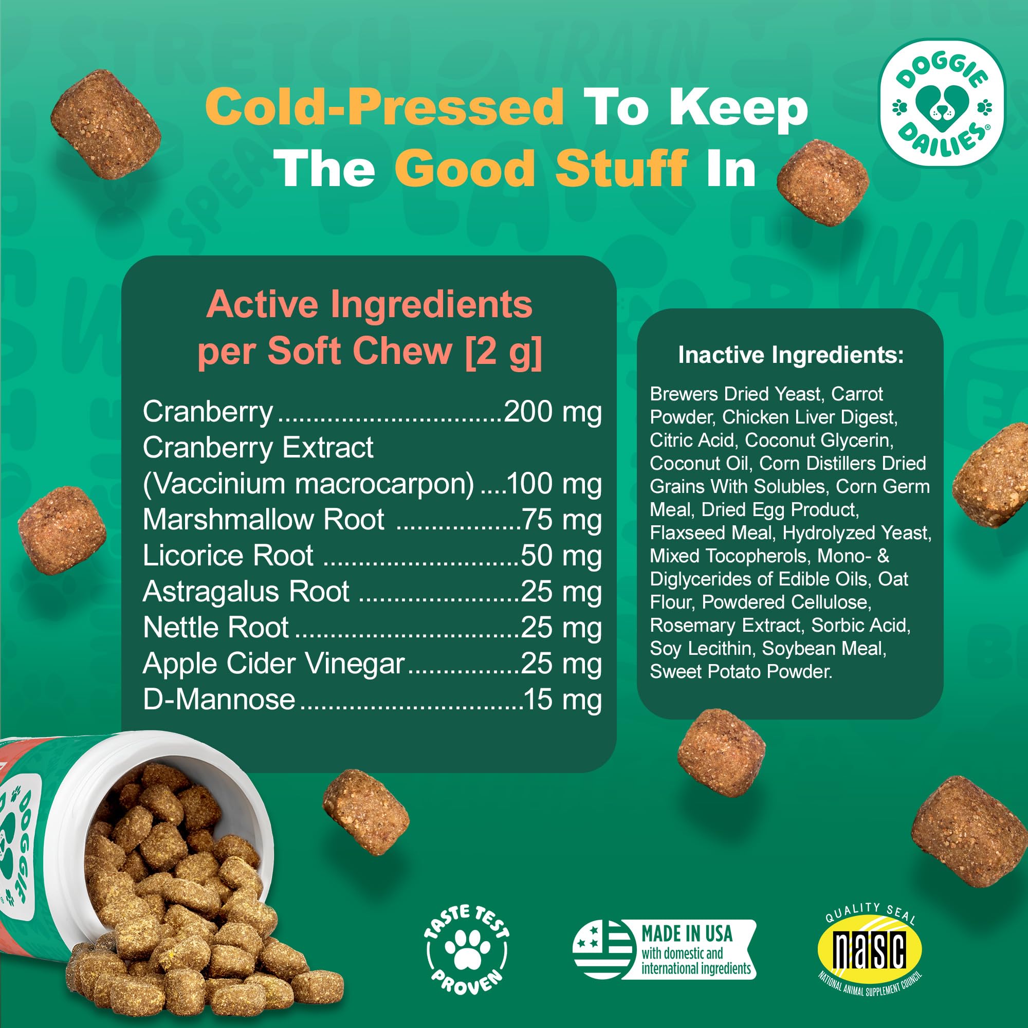 Doggie Dailies chicken flavor chews close-up shows tasty urinary health support.