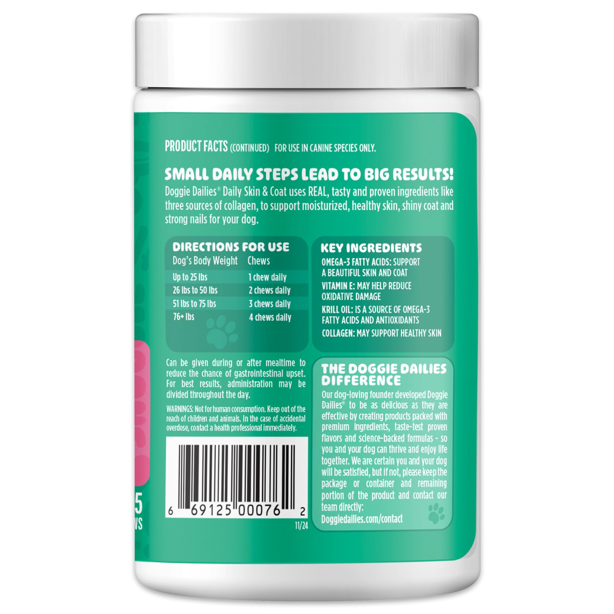 Doggie Dailies omega-3 krill blend closeup with natural ingredients for skin health.