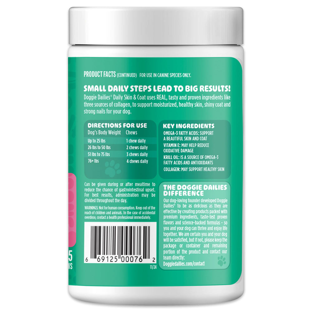 Doggie Dailies omega-3 krill blend closeup with natural ingredients for skin health.