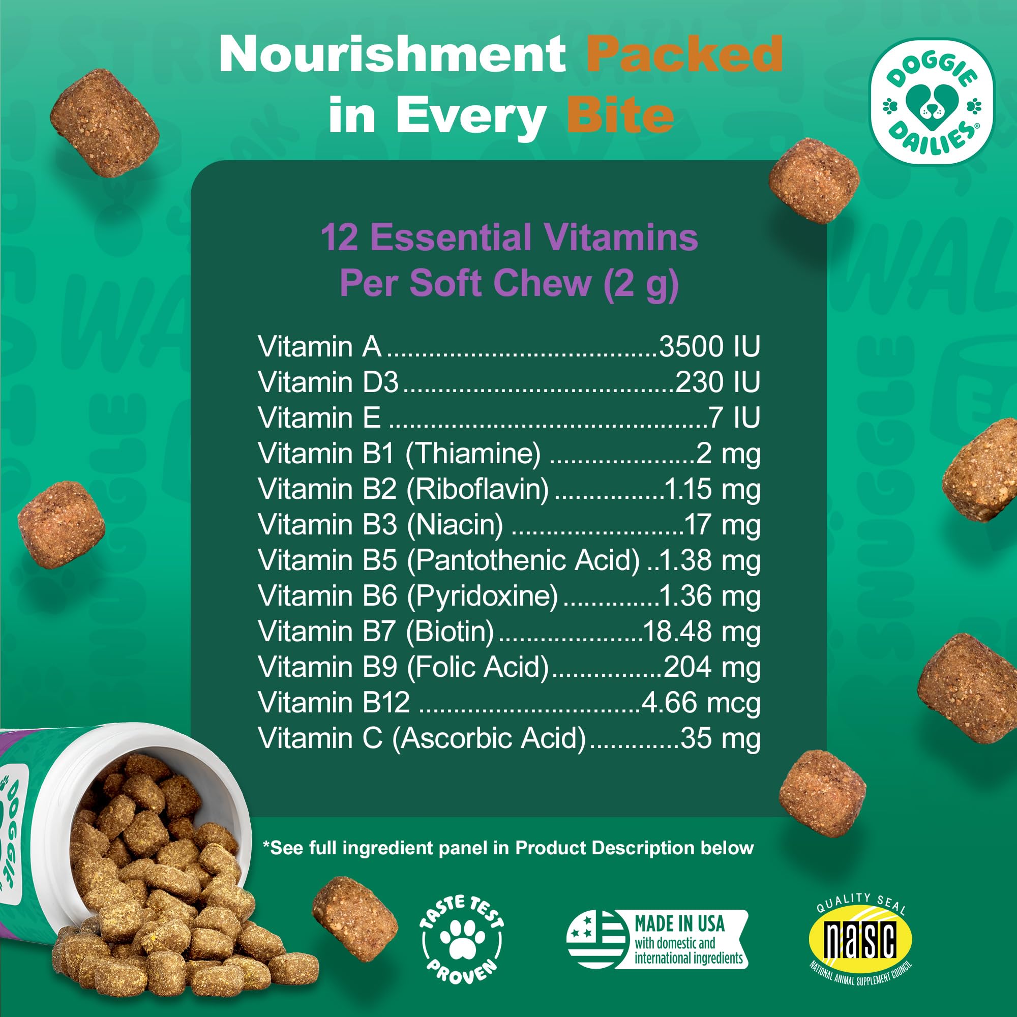 Doggie Dailies prebiotic graphic suggests digestion-friendly formula.