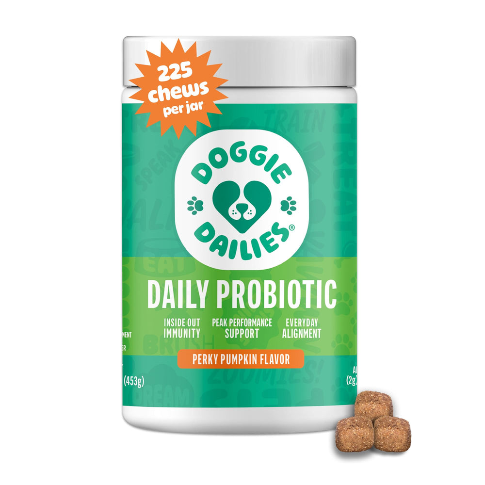 Doggie Dailies Probiotics packaging with gut-supporting blend.