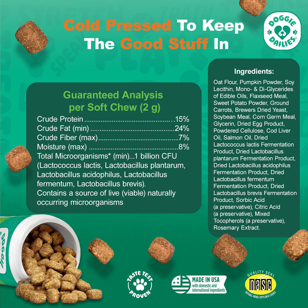 Doggie Dailies Probiotics palatability test shows a happy dog.