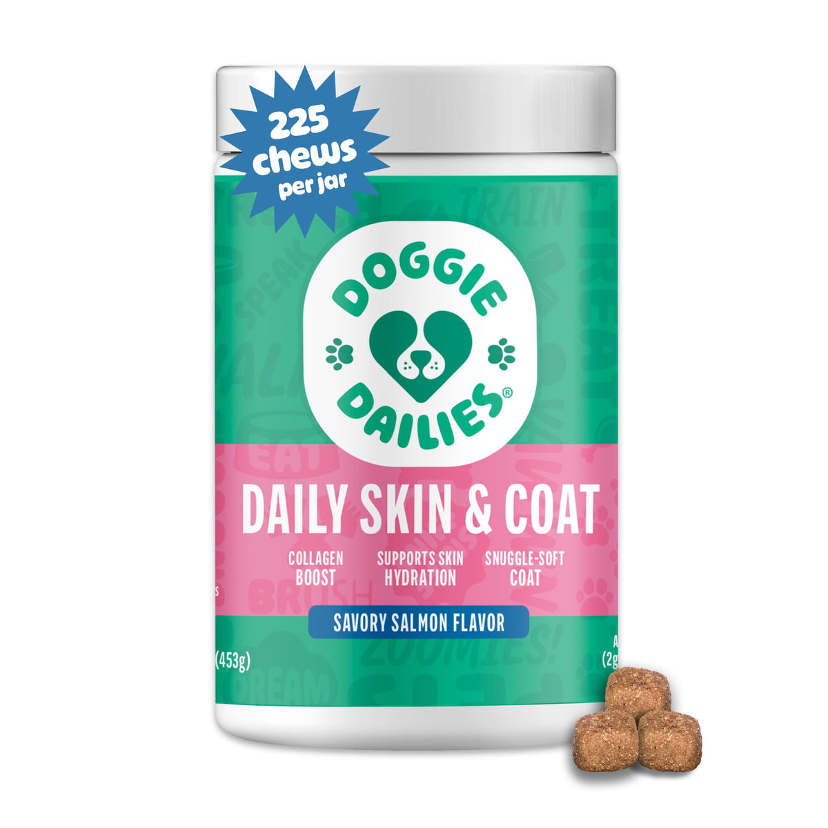 Doggie Dailies skin and coat soft chews closeup promotes a glossy coat and healthy skin.