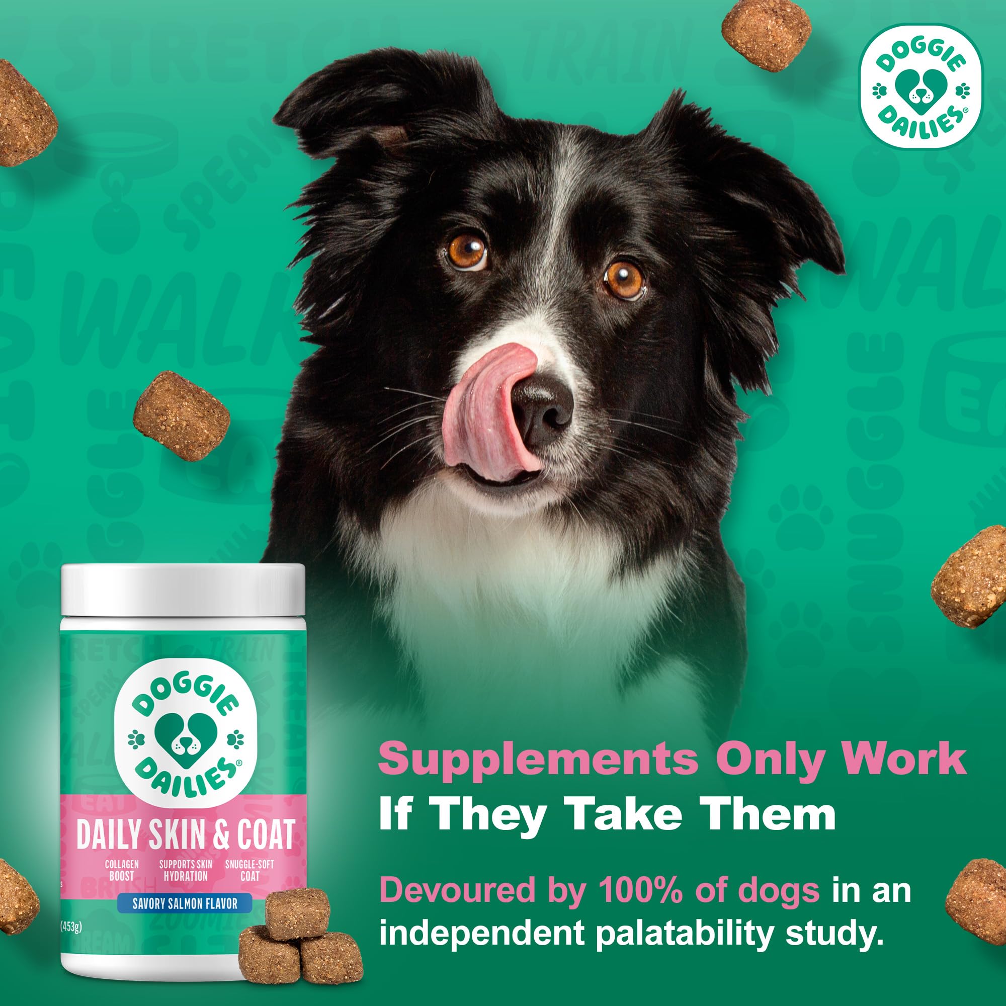Doggie Dailies triple-collagen blend closeup supports skin integrity and hair growth.