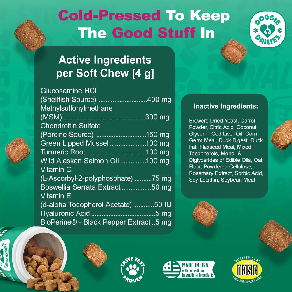 Doggie Dailies omega-turmeric-coq10 blend highlighting anti-inflammatory joint ingredients
