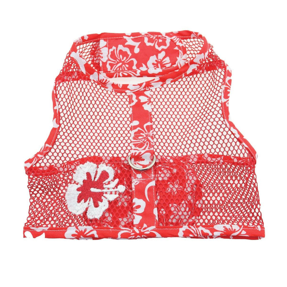 Doggie Design Cool Mesh Harness Hawaiian Hibiscus Red, front view for breathable comfort.