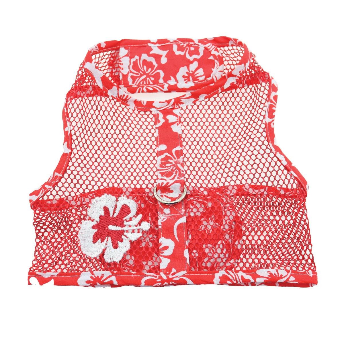 Doggie Design Cool Mesh Harness Hawaiian Hibiscus Red, front view for breathable comfort.