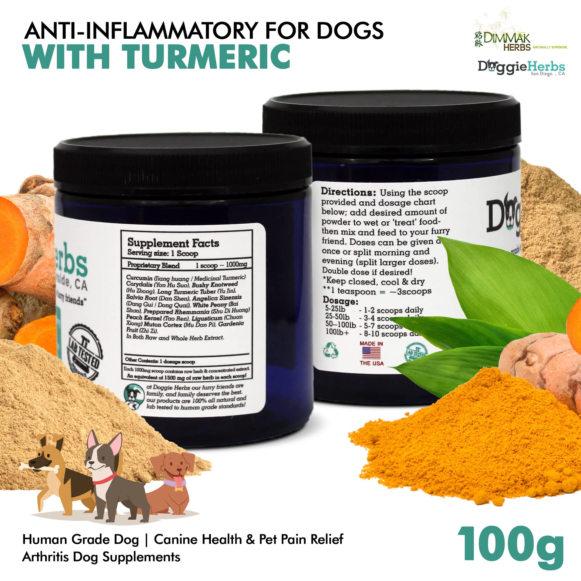 Doggie Herbs curcumin-turmeric blend bottle highlighting potent, bioavailable inflammation relief for dogs.