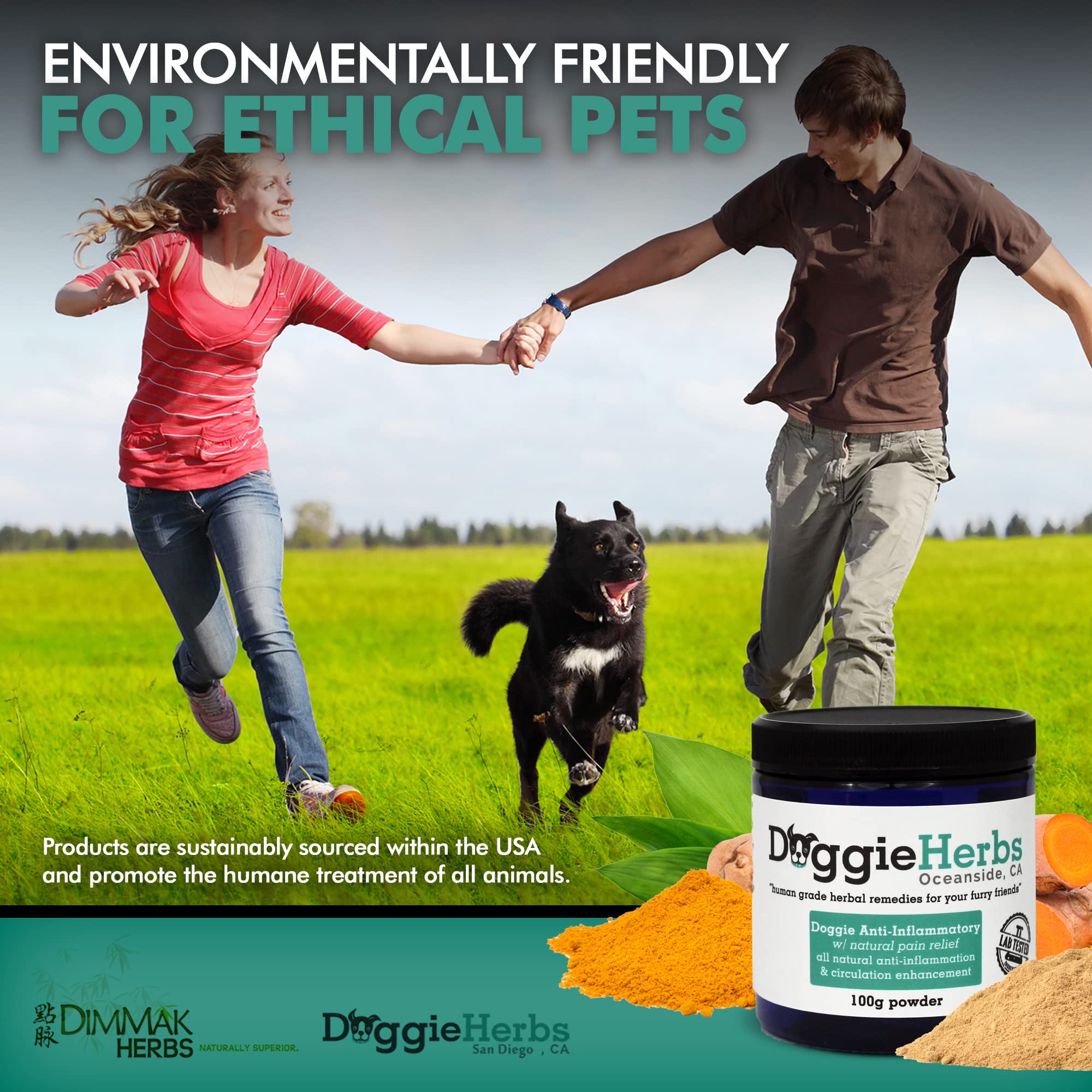 Doggie Herbs powder with clear tub shows long-term safe wellness support for aging dogs.
